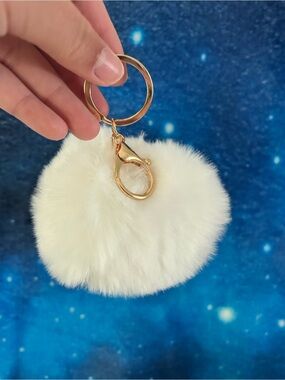 4/$50 Plush Cream Faux Fur Pom Pom Keychain with Gold Hardware